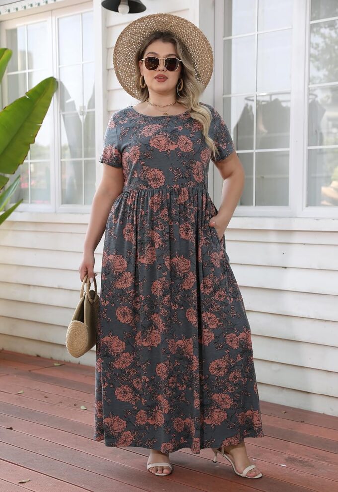 Nemidor Plus Size Maxi Dresses for Curvy Women Summer Casual Loose Short Sleeve Long Beach Dress with Pocket – Bild 4