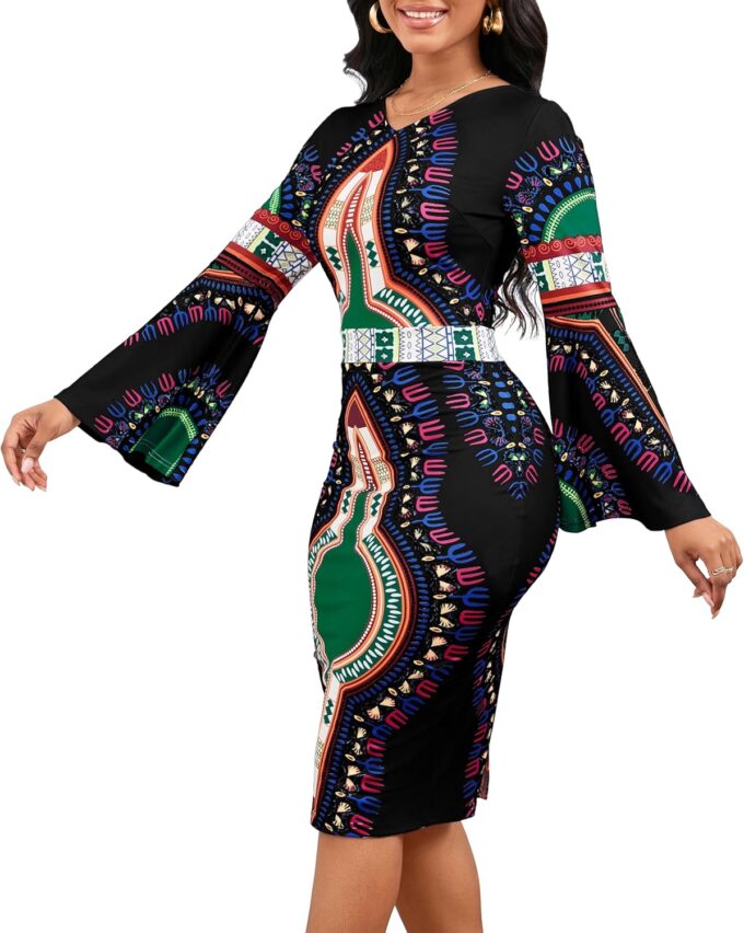 Women Sexy Dresses Bodycon Church 3/4 Sleeve African Print Pencil Party Office Dress Work with Split – Bild 4