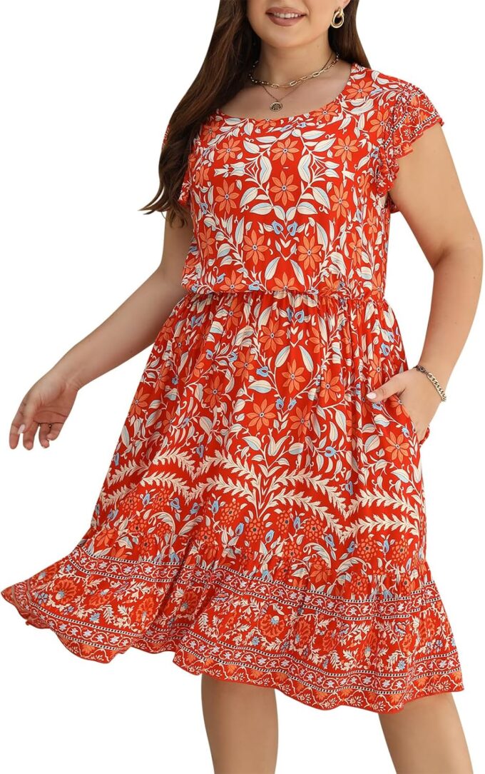 Keluummi Plus Size Wedding Guest Dress for Curvy Women, Summer Casual Boho Floral Midi Graduation Sundress, with Pocket