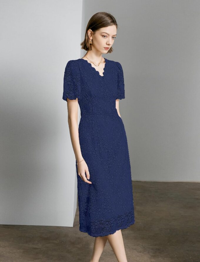 Women's Lace Floral V-Neck Dress with Puff Sleeves and Back Zipper, Elegant and Romantic Design – Bild 2