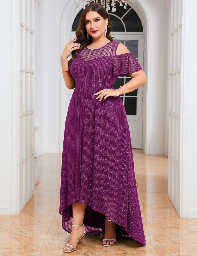 ZOMVA Plus Size Sparkly Mesh Maxi Dress Cold Shoulder Ruffle Sleeve High Low A Line Gown Wedding Guest Cocktail Party – Bild 5