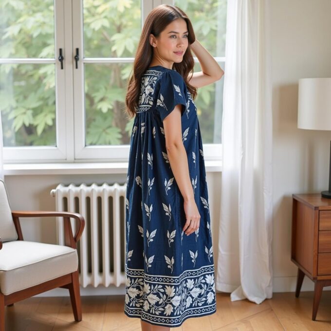 Loungees Short Sleeve Royal Monotone Lounge House Dress Caftan - 3 Button Bib Yoke and Pockets – Bild 3