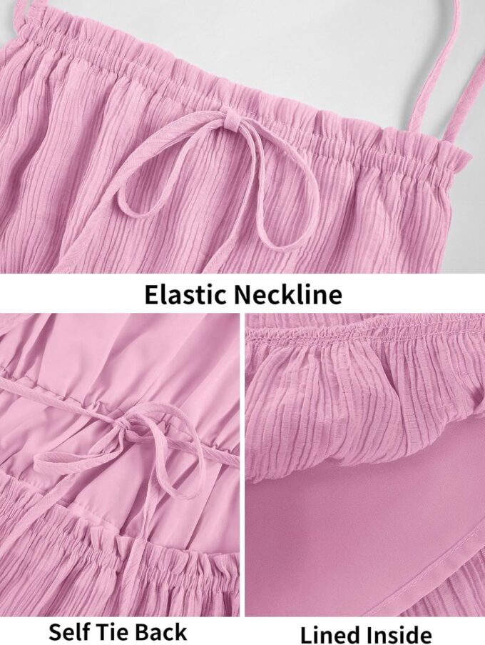 Wenrine Womens Summer Beach Dresses Backless Spaghetti Straps Self Tie Tiered Flowy Casual Maxi Dress with Pockets Pink – Bild 4