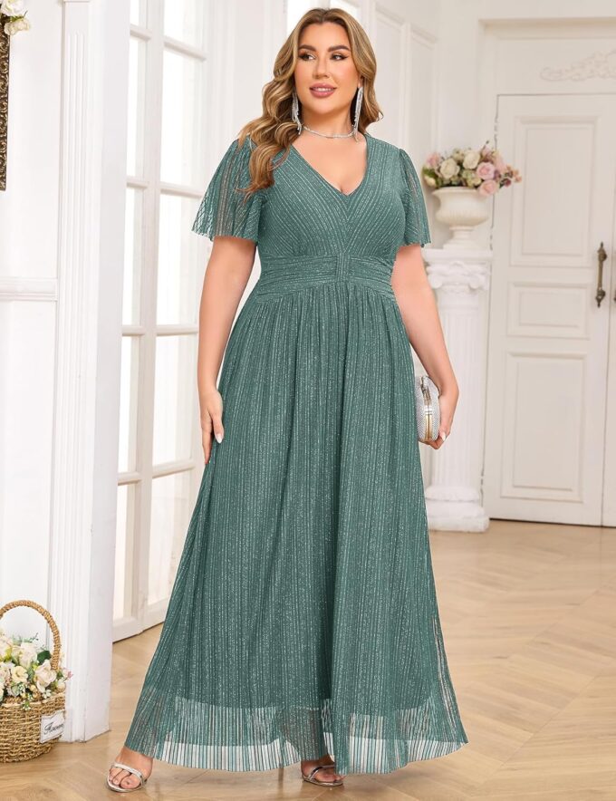 ZOMVA Plus Size Maxi Formal Dress Sparkly V-Neck A-line Ruffle Sleeves Evening Gown Cocktail Prom Glitter – Bild 6