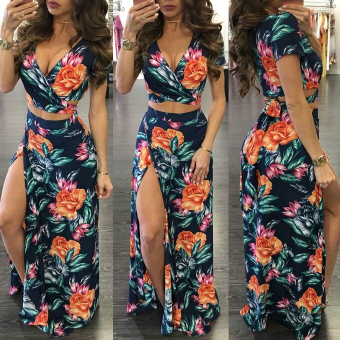 WOKANSE Women's Sexy 2 Piece Outfits Summer Beach Boho Floral Dress V Neck Crop Tops and High Split Maxi Skirt Sets – Bild 4