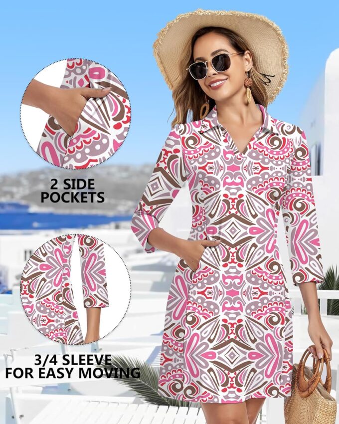 WOWENY 3/4 Sleeve Dress for Women with Pockets V Neck UPF 50+ Casual Sun Dress Breathable Quick Dry Beach Vacation – Bild 4