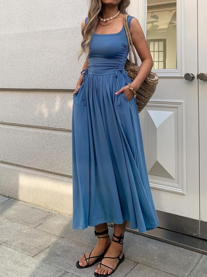 Women’s Boho Summer Maxi Dress with Pockets, Adjustable Waist, Sleeveless Casual Ruched Sundress for Beach Vacation – Bild 3