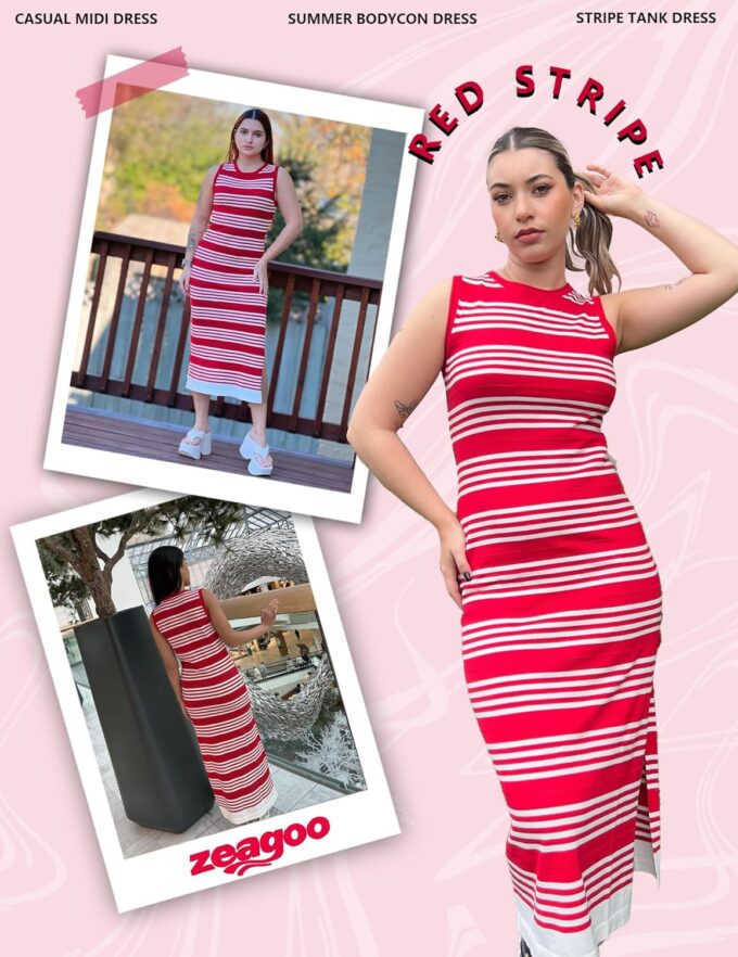 Zeagoo Womens Bodycon Midi Dresses Summer Casual Sleeveless Dress Women Knit Side Slit Striped 2025 Long Tank Dress – Bild 4