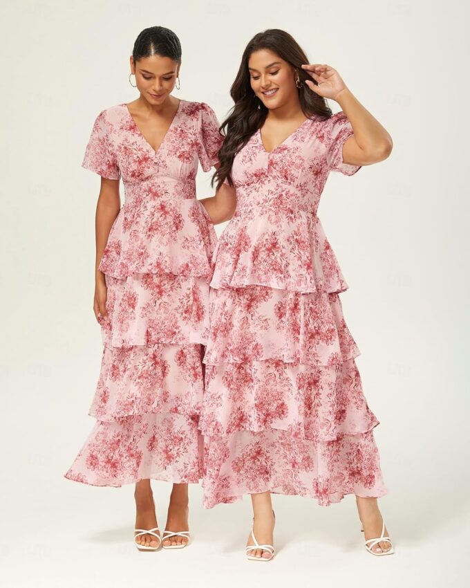 ADOR Women's Floral Summer Empire Waist V Neck Casual Long Flowy Chiffon Maxi Dress Ruffle Tiered Short Sleeve A-line Dreses – Bild 5