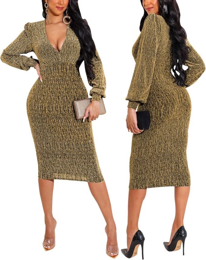 Women's Elegant Bodycon Long Dresses Deep V Neck Long Sleeves Club Night Party Midi Dress – Bild 3