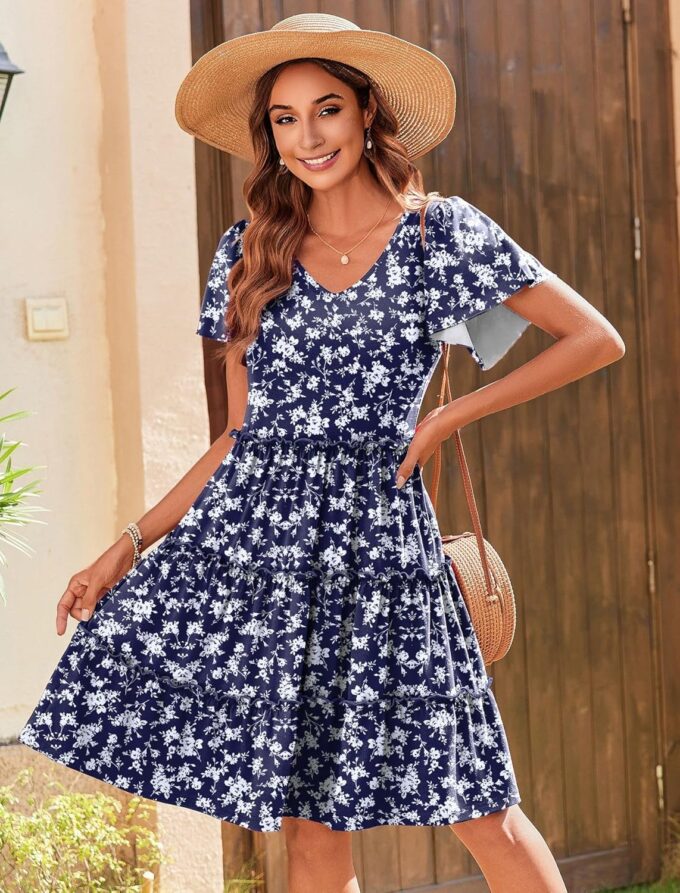 Zeagoo Summer Tiered Mini Dress with Pockets Ruffle Sleeve V-Neck Casual Dress A Line Boho Flowy Sundress 2025 Vacation – Bild 2