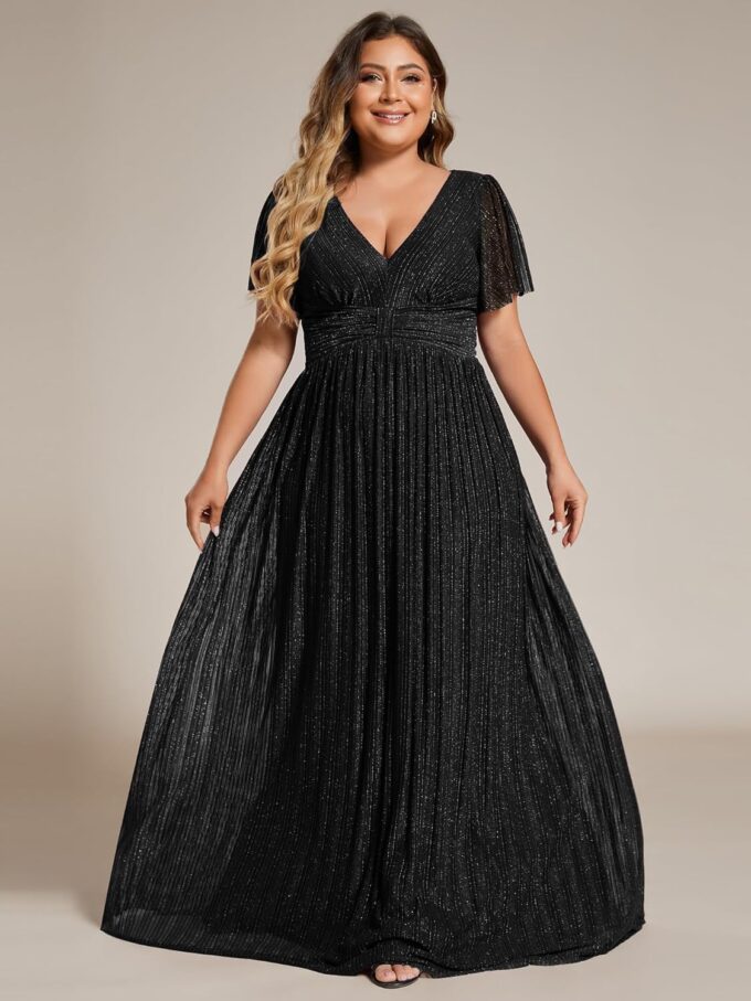 Ever-Pretty Women's A Line V Neck Glitter Short Sleeves Pleated Plus Size Formal Evening Dresses 11961-DA – Bild 4