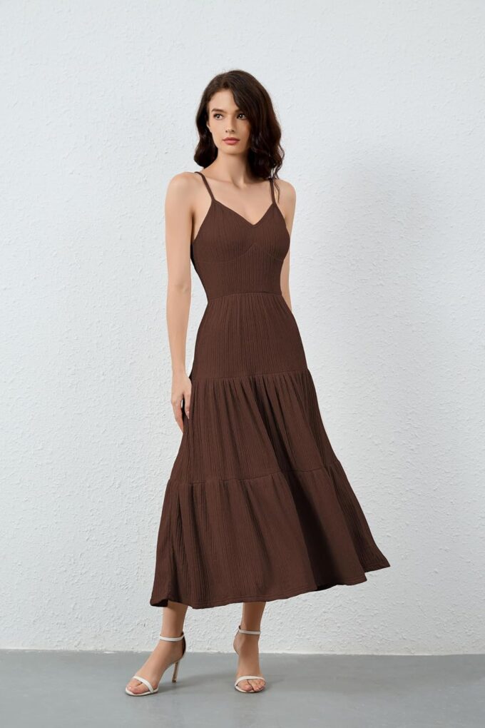 Women's Spaghetti Strap V Neck Dress Tiered Pleated Casual Beach Sundress – Bild 3