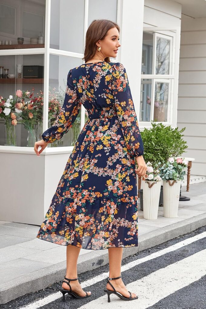 Women's Spring Wrap Maxi Dress Floral V Neck Long Sleeve Wedding Guest Party Casual Chiffon Dress – Bild 3