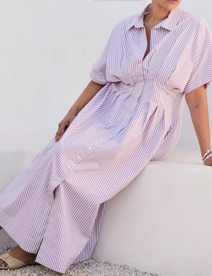 Women Striped Button Front Pleated Maxi Shirt Dress Short Sleeve Collar V Neck Summer Casual Corset Long Dress Purple – Bild 6