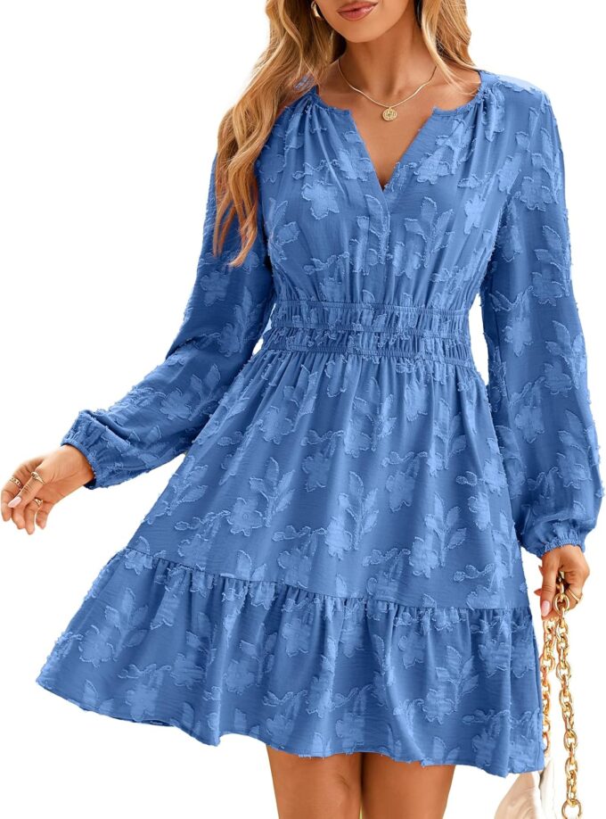 BerryGo Womens Long Sleeve Mini Dress Casual A Line Flowy Loose Vacation Party Babydoll Fall Short Dresses with Pocket