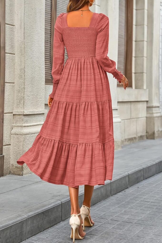 CFLONGE Women's Fall Dresses 2025 Puff Long Sleeve Square Neck Dress High Waist Smocked A-Line Flowy Wedding Party Maxi Dress – Bild 3
