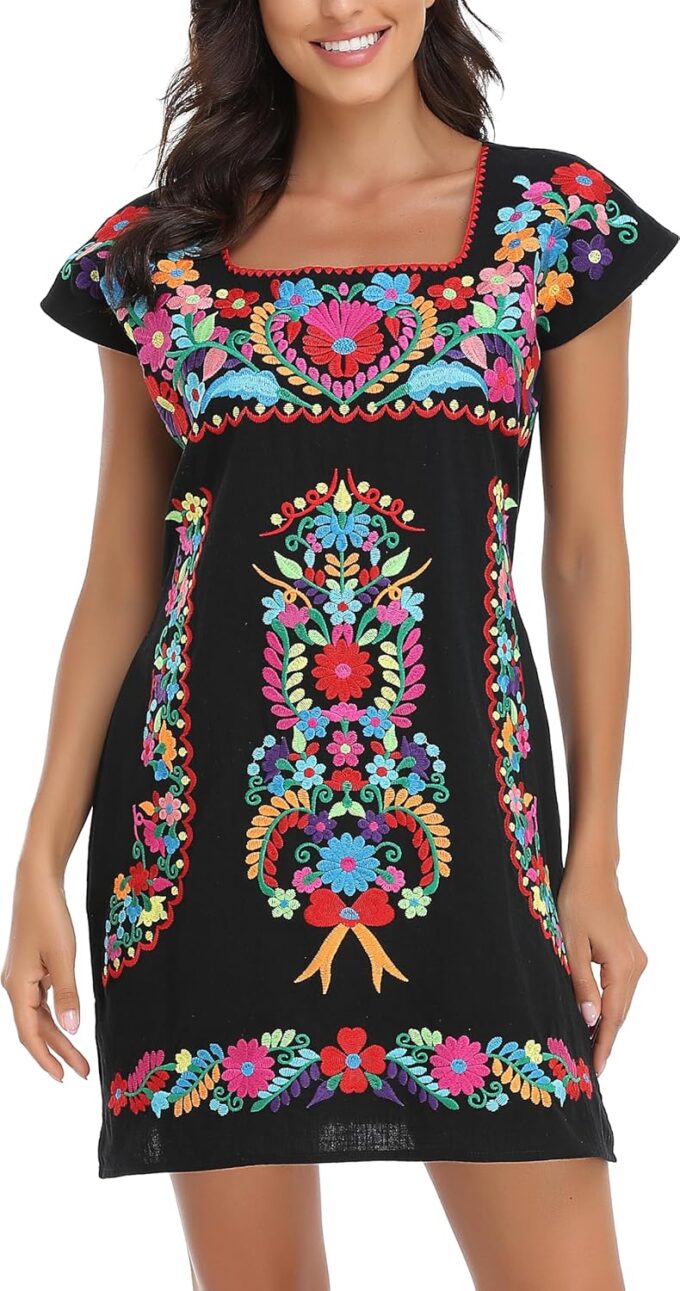 YZXDORWJ Women Mexican Embroidered Dress Ruffle Collar Sleeveless – Bild 9