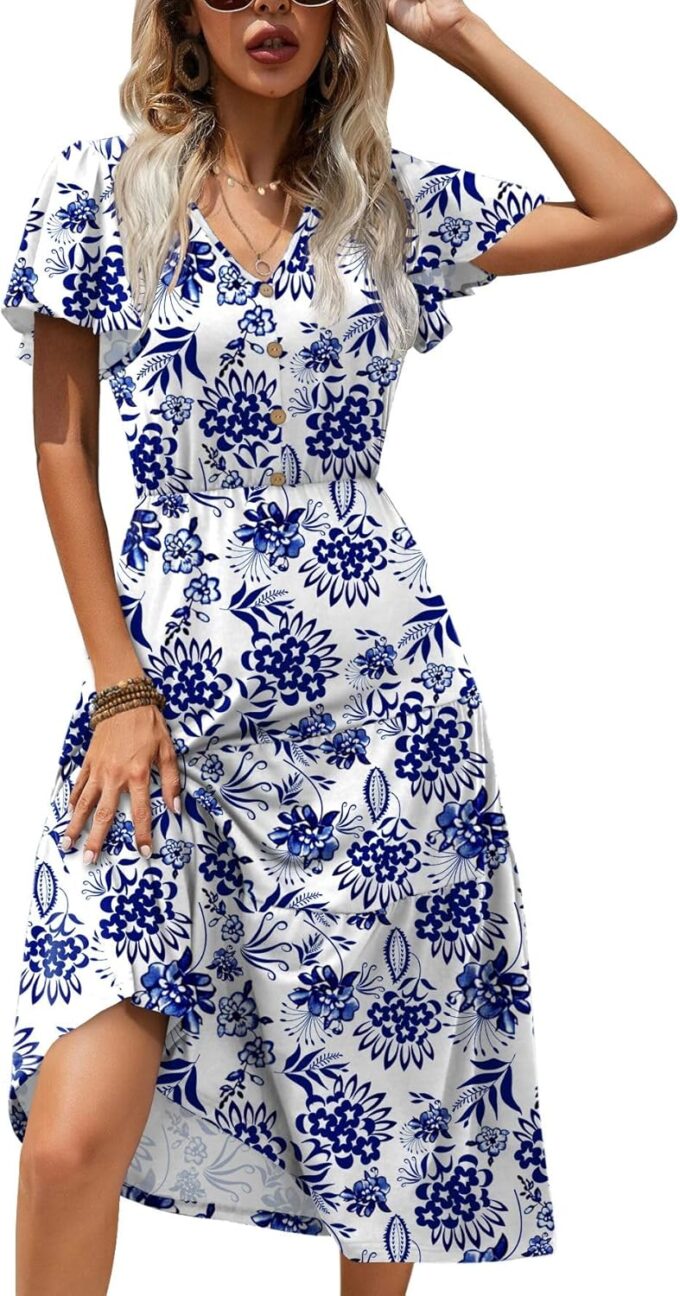 Zeagoo Women's Summer Casual Dress Flutter Short Sleeve V Neck Button Down Tiered Flowy Long Dress with Pockets – Bild 2