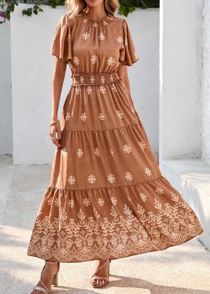 KIRUNDO Maxi Dresses for Women 2025 Floral Short Sleeve Spring Summer Smocked Waist Round Neck Flowy Beach Vacation Dress – Bild 8