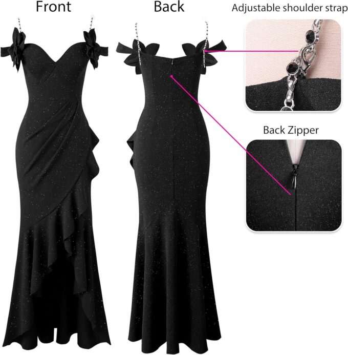 VFSHOW Womens Formal Spaghetti Strap Cold Shoulder Ruched Ruffle Slit Maxi Dress Sexy Sweetheart 3D Flower Prom Evening Gown – Bild 4