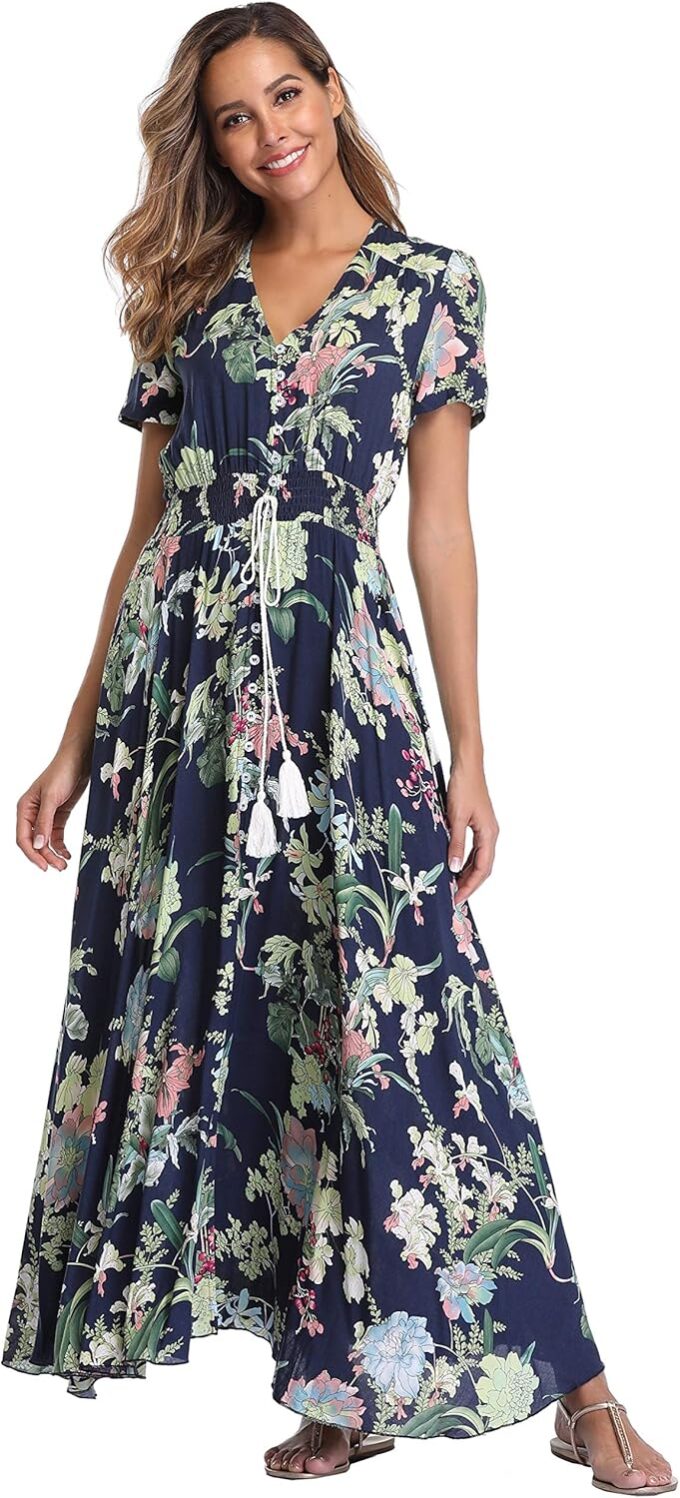 VintageClothing Women's Floral Maxi Dresses Boho Button Up Split Summer Casual Long Dress Beach Party Dress – Bild 4