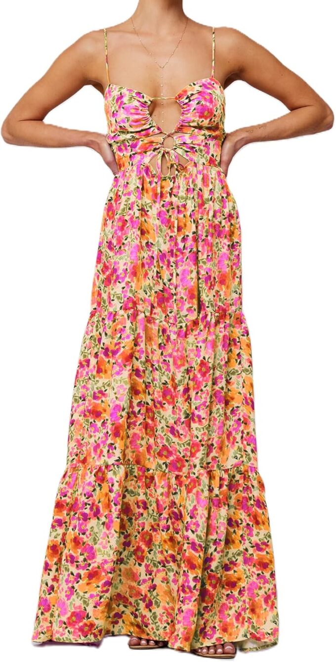 Women's Summer Floral Maxi Dresses Spaghetti Strap Sleeveless Cut Out Slip Dress Flowy Tie-Up Front Long Dress