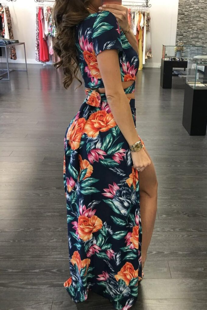 WOKANSE Women's Sexy 2 Piece Outfits Summer Beach Boho Floral Dress V Neck Crop Tops and High Split Maxi Skirt Sets – Bild 3