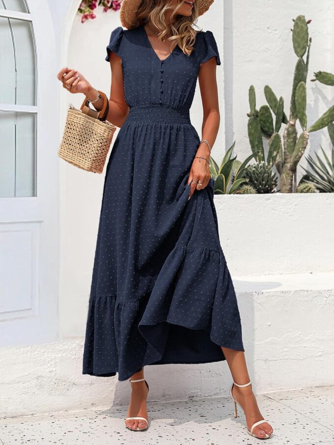 PRETTYGARDEN Womens Dresses 2025 Summer Maxi Dress Boho Short Sleeve V Neck Swiss Dot Ruffle Tiered Smocked Flowy Long Dress – Bild 2