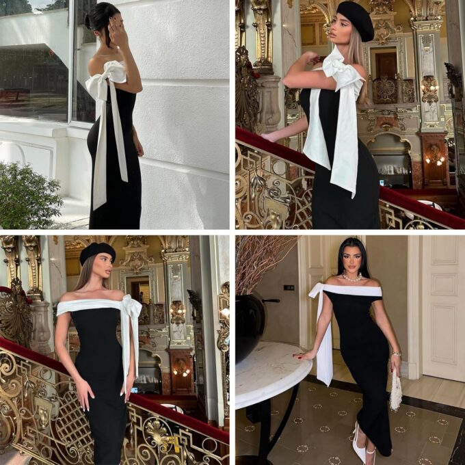 RARITYUS Women’s Sexy Off Shoulder Maxi Dress with Bow Elegant Ribbon Wedding Guest Dress Colorblock Cocktail Dresses – Bild 4