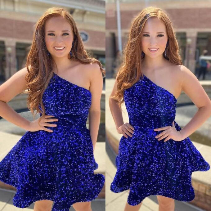 One Shoulder Sequin Homecoming Dresses for Teens 2025 Short Prom Dress Sparkly A-line Formal Dress with Pockets – Bild 4