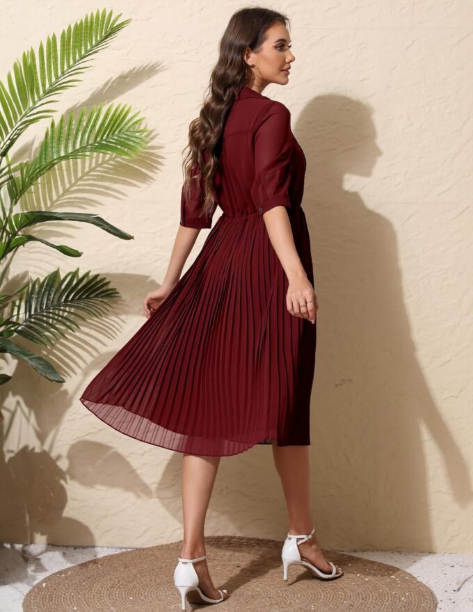 Women V Neck 3/4 Sleeve Pleated A-Line Dress with Belt Swing Midi Dresses for Spring Summer Autumn – Bild 6