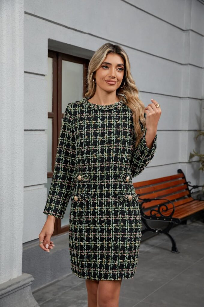 LifeShe Damen Langarm Tweed Minikleid Business Arbeit Kurzes Kleid Elegant Niedlich Partykleider – Bild 5