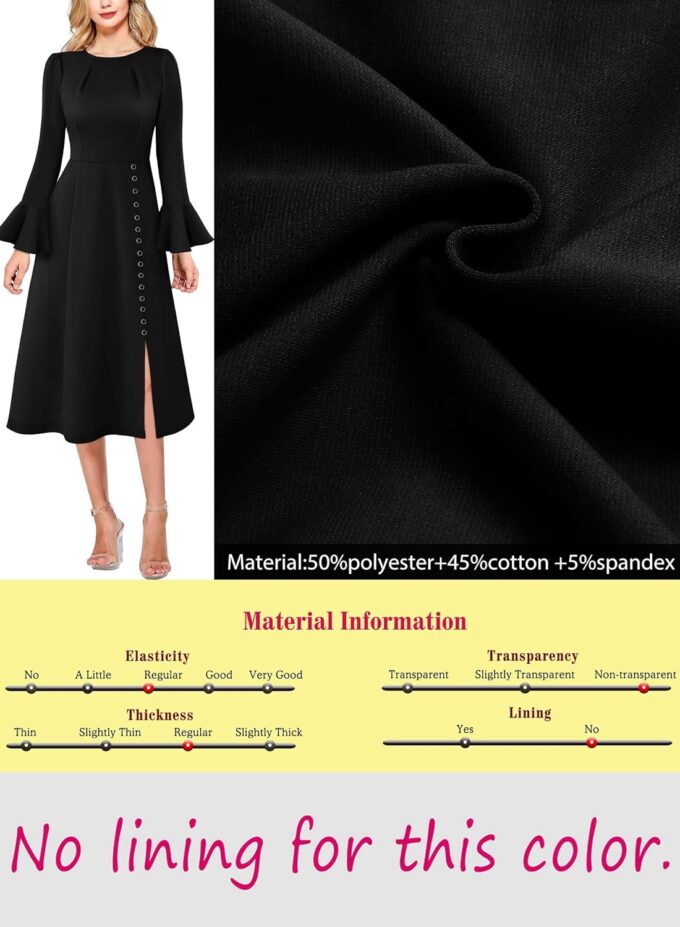 VFSHOW Damen-Kleid, plissiert, Rundhalsausschnitt, Glockenärmel, Taschen, Schlitzknöpfe, Business, Arbeit, Büro, schmale Passform und ausgestelltes A-Linien-Kleid – Bild 7