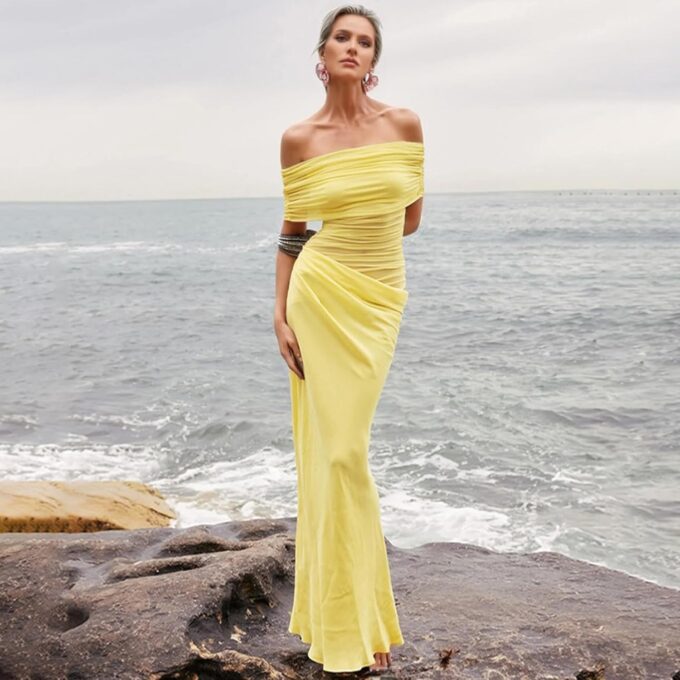 Women’s Sheer Mesh Off Shoulder Maxi Dress Sexy Hollow Out Ruched Bodycon Long Dress Beach Vacation Dresses – Bild 2