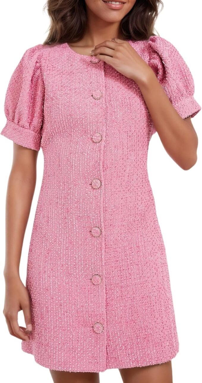 EZAPINE Damen-Minikleid aus Tweed, elegant, Rundhalsausschnitt, Puffärmel, Knopfleiste, Minikleid