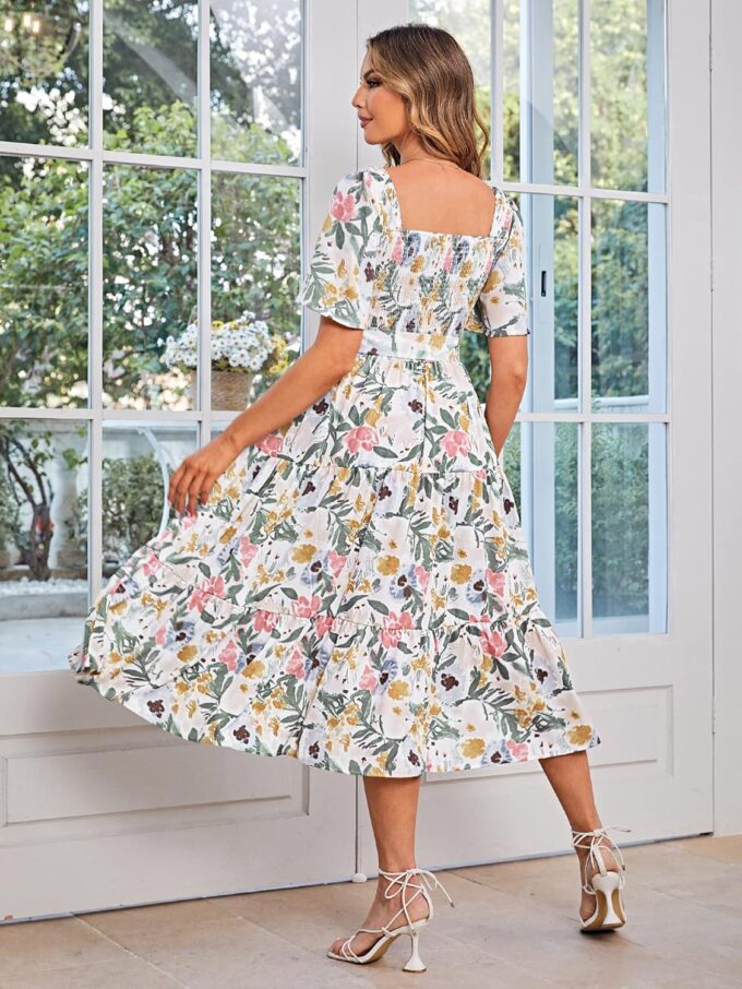 Amegoya Women's Boho Flowy Long Sleeve Square Neck Floral Midi Dress Smocked Spring Fall Wedding Guest Dresses – Bild 7