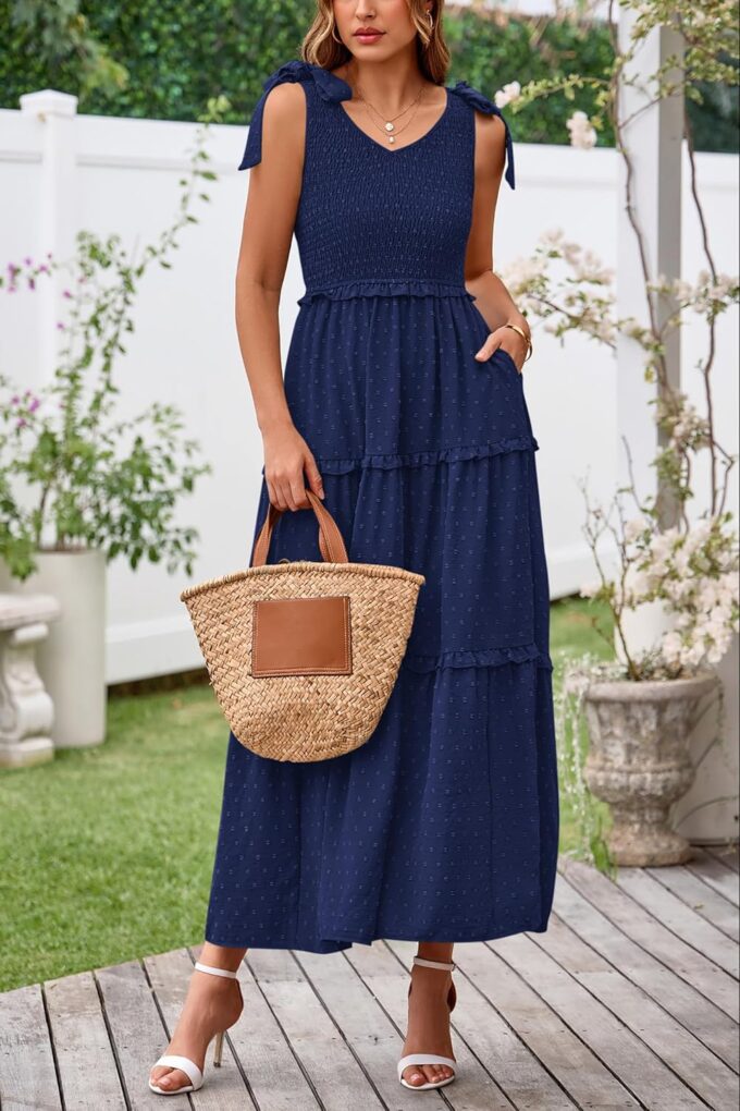 Okiwam Womens Summer Dresses 2025 Sleeveless Tie Strap Maxi Long Flowy Beach Sundresses Boho Swiss Dot Wedding Dress – Bild 4
