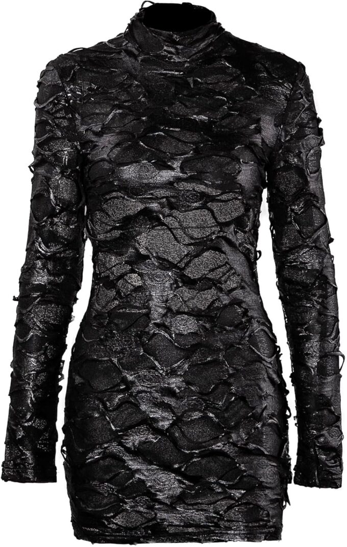 magorange Women Sexy Mock Neck Mesh Hole Hollow Out Mini Dress Long Sleeve Backless Bodycon Mini Club Party Dress – Bild 2