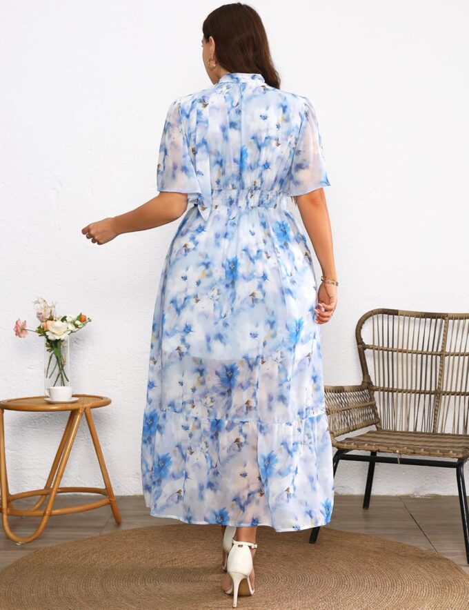 Women's 2025 Floral Summer Dress Smocked V Neck Boho Plus Size Beach Party Wedding Guest Ruffle Long Dresses – Bild 5