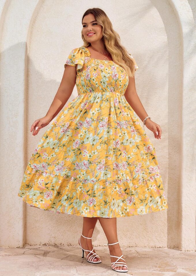 Hanna Nikole Women's Plus Size Summer Maxi Dress Short Sleeve Smocked Square Neck Casual Floral Flowy Dresses with Pockets – Bild 3