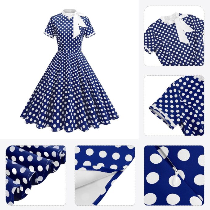50s Style Dresses for Women Vintage Polka Dot Short Sleeve Tie Neck Swing Dress Midi Prom Retro 1950s Dress – Bild 4