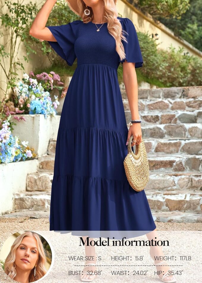 KIRUNDO Womens Fashion 2025 Spring Summer Casual Flutter Short Sleeve Midi Dress Smocked Tiered Aline Going Out Dresses – Bild 3