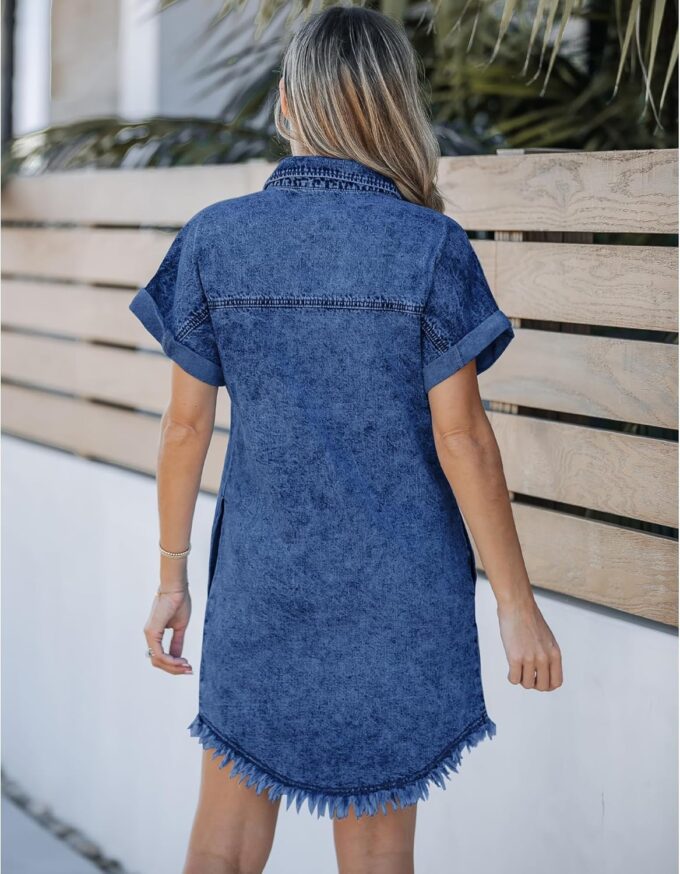 luvamia Denim Dress for Women Button Down Short Sleeves Casual Summer Jean Shirt Dresses with Pockets Frayed Hem – Bild 5