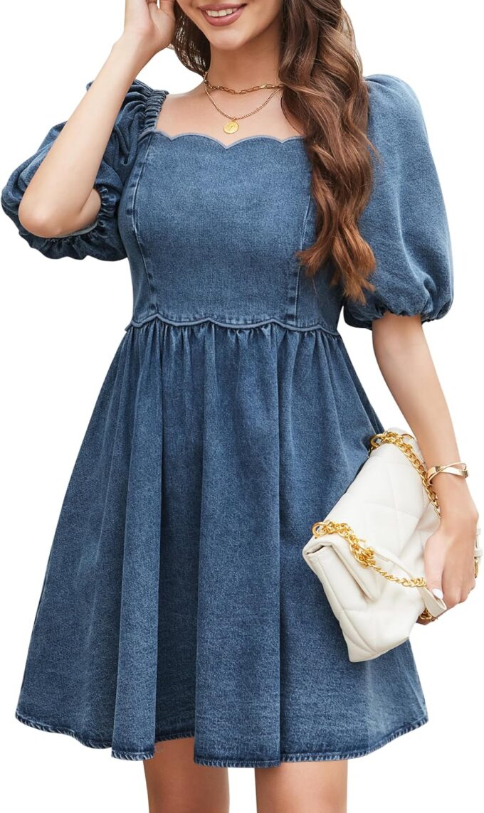 Denim Dress Babydoll Jean Square Neck Puff Sleeve Casual Country Concert Dresses with Pockets for Women 2025