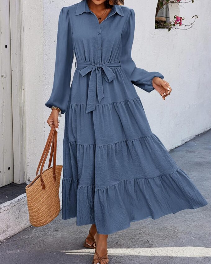 dowerme Women's Long Sleeve Dress 2025 Button Down Belted A-Line Flowy Fall Outfits Ruffle Maxi Holiday Party Dresses – Bild 3
