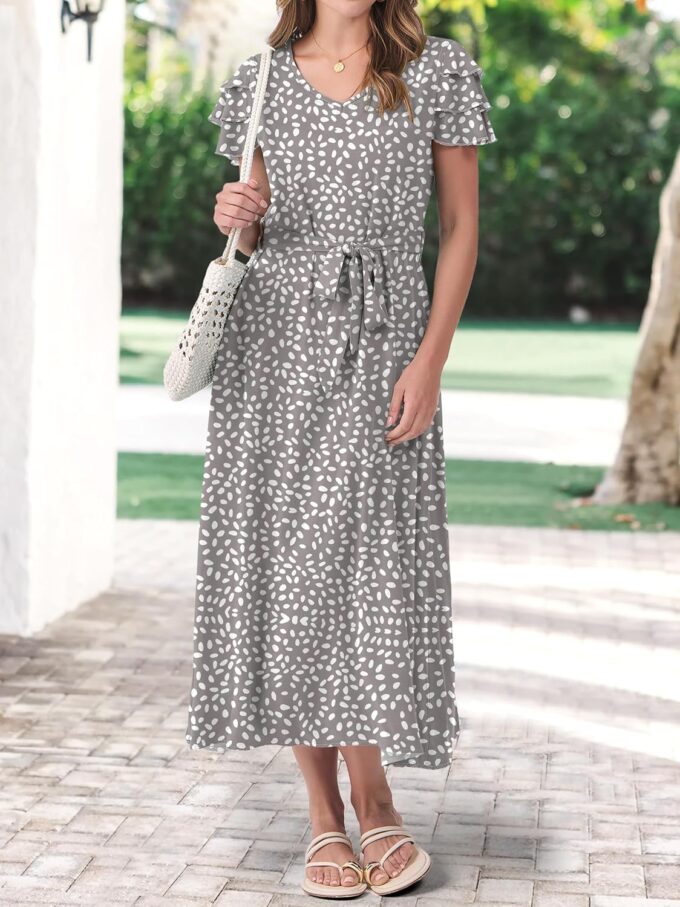 ANRABESS Women's Summer Casual Floral Dress Ruffle Cap Sleeve V Neck 2025 Vacation Flowy Beach Midi Long Dresses with Belt – Bild 5