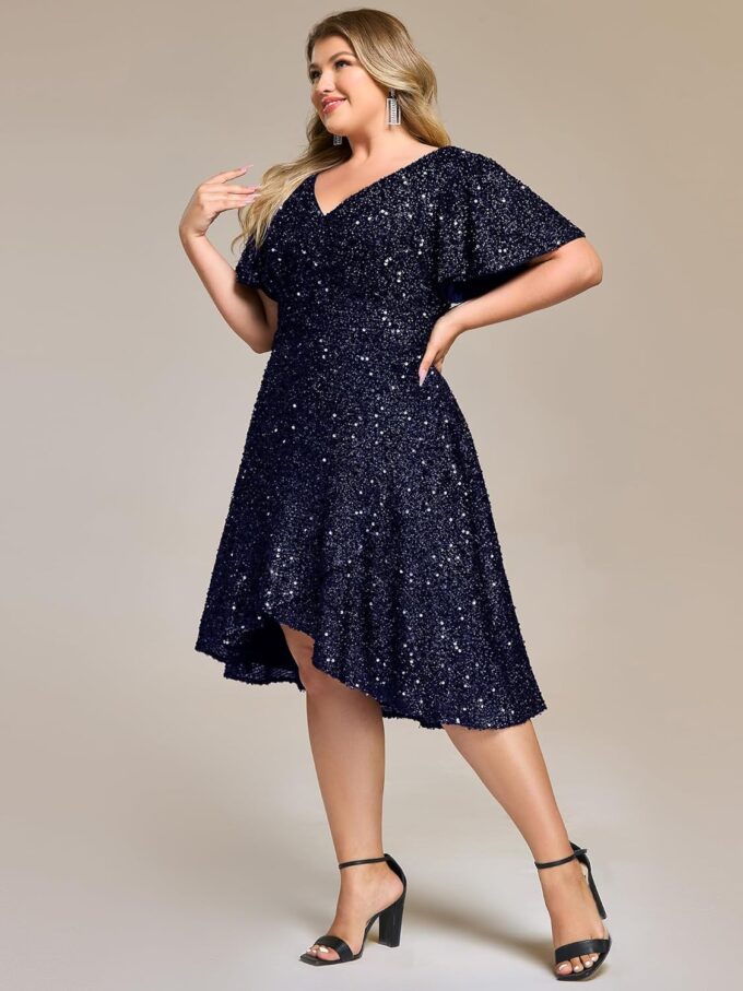 Ever-Pretty Plus Women's V Neck Short Sleeves A-line High Low Sequin Plus Size Formal Wedding Guest Dresses – Bild 4