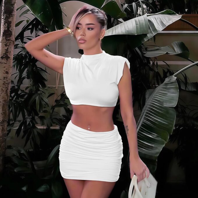 Skirt Sets Women 2 Piece Outfits - Sexy Two Pc Cap Sleeve Tank Crop Top Bodycon Ruched Mini Skirts – Bild 2