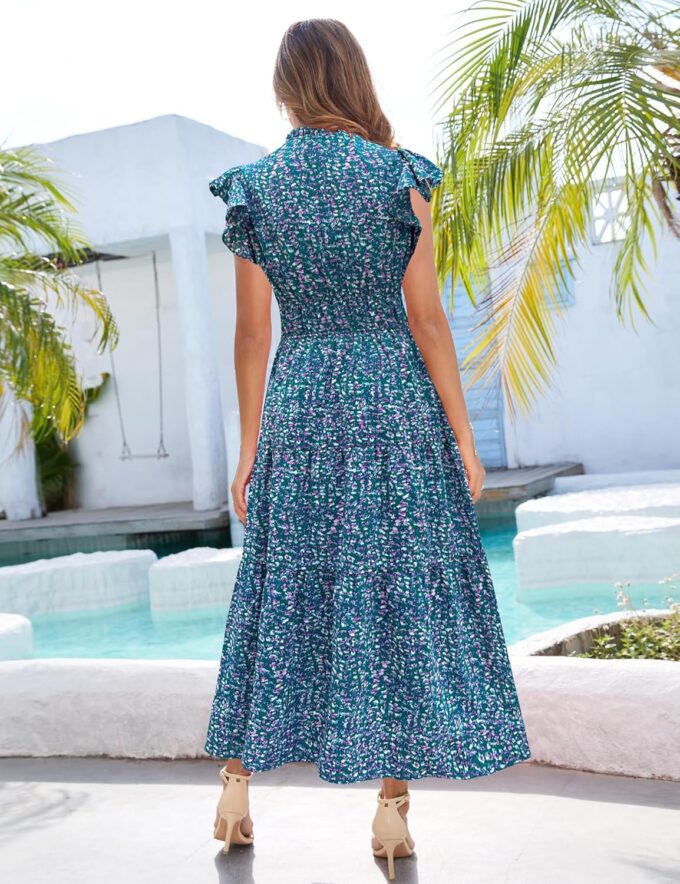 Kranda 2025 Women Summer Self-tie V Neck High Waist Ruffle Cap Sleeve Flowy Tiered Long Boho Floral Maxi Dress with Pockets – Bild 2